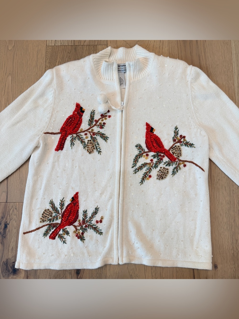 Tiara International Christmas Cardinal Sweater M Beaded Zip Front Pom Pom Vtg - Picture 2 of 11